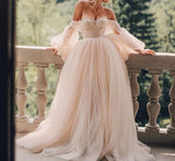 Anokhinaliza Pink Tulle Wedding Dress A Line Puff Long Sleeves Garden Country Bridal Gowns Sweetheart Wedding Gown vestido novia