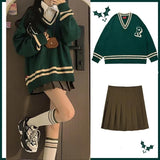 Anokhinaliza classic style women  edgy style tutu [Two-piece set] women spring high street suits Hong Kong style sweet cool preppy V-neck dark green sweater + coffee A-line skirt