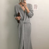 Anokhinaliza New Korean Belted Cashmere Sweater Long Dress Women Fashion Office Lady V Neck Knitted Dress Winter Warm Thick Vestidos