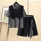 Anokhinaliza Summer Harajuku Loose Chain Cargo Shorts T Shirt +Cargo Shorts Two Piece Set Shorts Three-Piece Suit Set