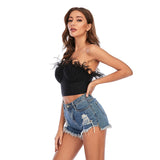 Anokhinaliza alt black girl going out classic style women edgy style church outfit brunch outfit cute spring outfits New Summer High Quality Fashion Feather Strapless Black And White Bandage Top Night Club Short Top