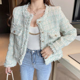 Anokhinaliza Tweed Coats For Women O Neck Long Sleeve Hit Color Open Stitch Autumn Winter Jacket Female Fashion New