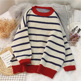 Anokhinaliza  Women Sweater Striped Casual Loose Pullover O-neck All-match Knitted Top Jumper Fall Long Sleeve Chic Knit Sweaters