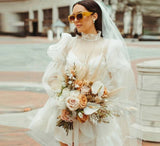 Anokhinaliza classic style women edgy style church outfit brunch outfit cute spring outfits prom dresses tutuVintage Ivory Organza Short Wedding Party Dresses Puff Long Sleeves Tie High Neck Ruffles Beach Wedding Bridal Gowns