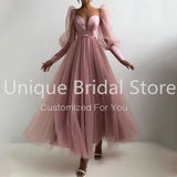 Anokhinaliza prom dresses tutu quince dresses  dama dressesSimple Pink Tulle Prom Dress A-Line V-Neck Plunging Long Sleeves Backless Evening Dresses Ankle-Length Prom Gowns