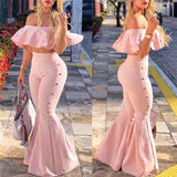 Anokhinaliza Sexy Off Shoulder Ruffles Two Piece Set Women Slash Neck Crop Top and Flare Pant Bell Bottom Clubwear Party Matching Set Outfits