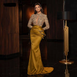 Anokhinaliza classic style women edgy style church outfit brunch outfit cute spring outfits prom dresses Arabic Evening Dresses Gold High Neck Beaded Long Sleeves Sequined Mermaid Prom Gown Party Dress abendkleider