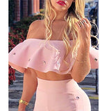 Anokhinaliza Sexy Off Shoulder Ruffles Two Piece Set Women Slash Neck Crop Top and Flare Pant Bell Bottom Clubwear Party Matching Set Outfits