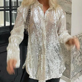 Anokhinaliza Women Sexy Sequin Shirts Sparkle Glitter Solid Color Long Sleeves Button Down Cardigan Party Clubwear Vintage 90s Streetwear