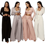 Anokhinaliza    Women 3 Piece Sets Elegant Pants Sets Crop Top Maxi Trench Pants Suits Chic High Street Three Pieces Suits Casual Knitted Sets