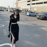 Anokhinaliza New Year Valentine's Day Summer Korea Fashion Knitted Suit Women Office Lady 2 Piece Set Thin Knit Crop Tops + Midi Slim Skirts Y2k Set Tracksuit