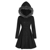 Autumn Winter Women Long Sleeve Hooded Faux Fur Double Breasted Coat Girls Long Oversized Woolen Coat Black Overcoat Female 3xl