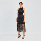 Anokhinaliza alt black girl going out classic style women edgy style church outfit brunch outfit cute spring outfitsSexy Women'S Dress Solid Color Halter Fringe Design Round Neck Sleeveless Skirt Long Bandage Mini Dress