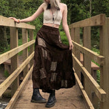 Anokhinaliza alt black girl going out?classic style women edgy style church outfit brunch outfit cute spring outfits   y2k Vintage Brown Patchwork Long Skirts Printed Boho Grunge Fairycore Retro Pleated Skirts Kawaii Holiday Women Streetwear