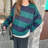 Harajuku Streetwear Women Oversized Striped Sweatshirts Casual Velvet Long Sleeved T Shirts Fashion Thick Loose Preppy Clothes