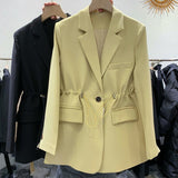 Anokhinaliza Spring Casual Drawstring High Waist Blazer Jacket Women's Mid-Length Coat Female Elegant Suits Coat Chic Korean Office