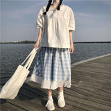 Anokhinaliza alt black girl going out classic style women edgy style church outfit brunch outfit cute spring outfitsPlaid long skirt suit for women summer two-piece short sleeve cover belly slim Korean style doll collar short academy sleeve to