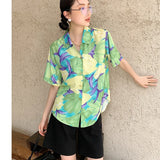 Anokhinaliza alt black girl going out?classic style women edgy style church outfit brunch outfit cute spring outfits Green Floral Shirt For Women Short Sleeve Hawaiian Button Up Collared Shirt Loose Summer Top And Blouses Fashion