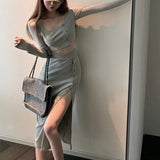 Anokhinaliza New Year Valentine's Day Summer Korea Fashion Knitted Suit Women Office Lady 2 Piece Set Thin Knit Crop Tops + Midi Slim Skirts Y2k Set Tracksuit