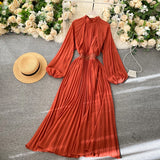 Anokhinaliza Spring And Summer French Orange Pleated Vintage Maxi Dress o-Neck Femme Robe Puff Sleeve Elegant Solid Color Holiday Beach Dress