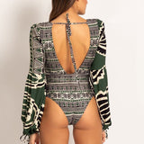 Anokhinaliza V- Neck Bandage Print Long Sleeve Swimwear Women Monokini Sexy Bathing Suit String Backless Beachwear Pus Size