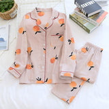 Anokhinaliza Ladies Pajamas Set 100% Gauze Cotton Cartoon Avocado Printed 2Pcs Turn-down Neck Shirt+Pants Comfort Fresh And Nature Women