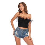 Anokhinaliza alt black girl going out classic style women edgy style church outfit brunch outfit cute spring outfits New Summer High Quality Fashion Feather Strapless Black And White Bandage Top Night Club Short Top