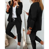 Anokhinaliza Valentine's Day Office Lady Black Solid Lapel Neck Blazer Coat Jacket & Drawstring Ankle Length Pants 2 Piece Set Women Autumn Winter Clothes