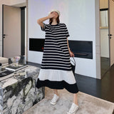 Anokhinaliza New Summer Dress Korea Short Sleeve Woma Dress Vestidos Robe Elbise Fashion Striped Patchwork Long Dresses