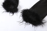 Anokhinaliza  Casual Two Piece Pants Set For Women Black Fleece Fur Long Sleeve Top Shirt And Pantsuit Ladies Fashion Party Suit
