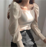 Anokhinaliza Chic Square Collar Hollow Out Clavicle T Shirt Slim Fit Pleated Puff Sleeve Solid Autumn Spring New Knit Top