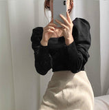 Anokhinaliza Chic Square Collar Hollow Out Clavicle T Shirt Slim Fit Pleated Puff Sleeve Solid Autumn Spring New Knit Top