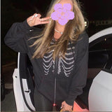 Anokhinaliza Y2K Rhinestone Hoodies Women Skeleton Gothic Black Zip Up Oversized Sweatshirt Punk Skull Harajuku Hooded Jacket Streetwear