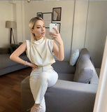 Anokhinaliza Draped Collar Womens Tops And Blouses Elegant Sleeveless Solid Office Blouse Ladies Shirt Casual Top Female Streetwear
