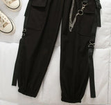 Anokhinaliza Student Cargo Pants Buckle Ribbon Pocket Jogger Elastic Waist High Streetwear Harajuku Pant Chain Females Two Piece Pants