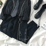 Anokhinaliza Autumn Female Student Loose Tie Shirt High Waist Belt Cargo Pants Personality Harajuku Streetwear Two-Piece Suit Set