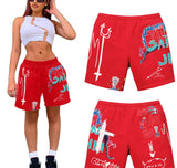 Anokhinaliza Sports Shorts Women Elastic Loose Casual Knee Length Sweatpant New Fashion Graffiti Print Street Style Sweat Shorts Female