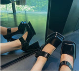 Anokhinaliza Black Punk Chunky Designer Platform Mary Janes Heels Shoes Women Patent Leather Square Toe Buckle Goth High Heels Women Pumps