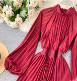 Anokhinaliza Spring And Summer French Orange Pleated Vintage Maxi Dress o-Neck Femme Robe Puff Sleeve Elegant Solid Color Holiday Beach Dress