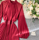 Anokhinaliza Spring And Summer French Orange Pleated Vintage Maxi Dress o-Neck Femme Robe Puff Sleeve Elegant Solid Color Holiday Beach Dress