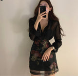 Anokhinaliza Korea Chic Elegant Women 2 Piece Sets Sexy See-through Long-sleeved Shirt+High Waist A-line Floral Print Skirt Sets 2pc OL Suits