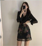 Anokhinaliza Korea Chic Elegant Women 2 Piece Sets Sexy See-through Long-sleeved Shirt+High Waist A-line Floral Print Skirt Sets 2pc OL Suits