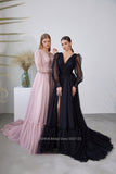 Anokhinaliza prom dresses tutu quince dresses  dama dresses  New Arrival V-neck Long Sleeve Formal Black Tulle Evening Dresses Sexy Front Split Backless Party Prom Evening Gowns