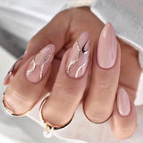 Anokhinaliza 24Pcs Pink Almond False Nails Shiny Golden Ripples Stiletto Fake Nails Detachable Oval Full Cover Press on Nails Tips Manicure