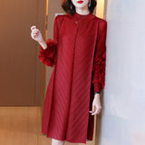 Anokhinaliza Appliques Dress For Female Half High Collar Puff Sleeve Straight Loose Waist Fold Pleated Dresses Women  Spring New