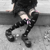 Anokhinaliza Skull Stockings Gloves Set Punk Women Harajuku Dark Gothic Y2K Long Socks Knee Lolita Girls High Socks Cosplay Accessories