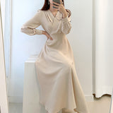 Anokhinaliza Harajuku V-neck Puff Sleeve A-line Maxi Dresses for Woman Women Solid Color Midi Robe Korean Office Dresses Elegant Spring