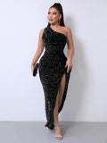 Anokhinaliza One Shoulder Wrap Split Thigh Sequin Formal Dress Medium Black Dress Wrap Hip Dress Party Dress Importan Occasion Dress