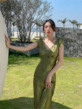 Anokhinaliza Elegant Women Green Satin Backless Mixi Dress Palace Short Sleeve Lace V-Neck Bandage Vintage Bodycon Dress Robe Summer Vestidos