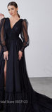 Anokhinaliza prom dresses tutu quince dresses  dama dresses  New Arrival V-neck Long Sleeve Formal Black Tulle Evening Dresses Sexy Front Split Backless Party Prom Evening Gowns